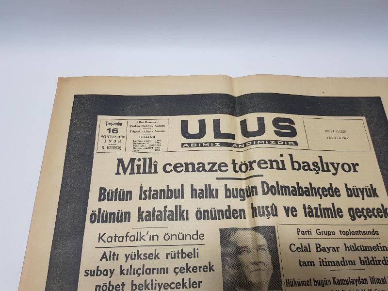 ATATÜRK 'ÜN VEFAT HABERLERİ KONULU 16 KASIM 1938 TARİHLİ ULUS GAZETESİ