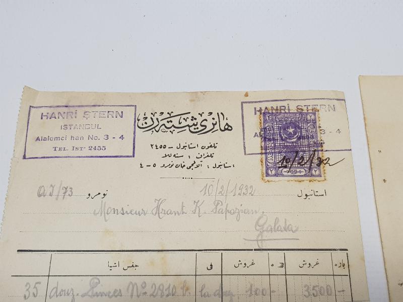 OSMANLI DÖNEMİ HENRY ŞTERN VE HRANT PAPAZYAN ANTETLİ FATURALAR