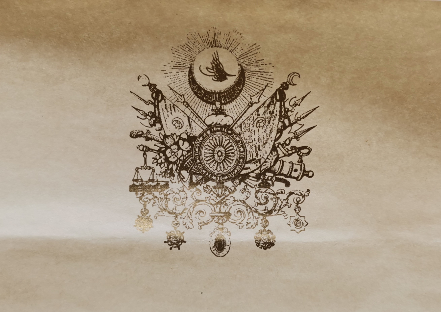 ÜZERİNDE ALTIN VARAKLI OSMANLI DEVLET ARMASI BULUNAN ANTETLİ KAĞIT