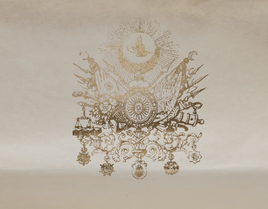 ÜZERİNDE ALTIN VARAKLI OSMANLI DEVLET ARMASI BULUNAN ANTETLİ KAĞIT