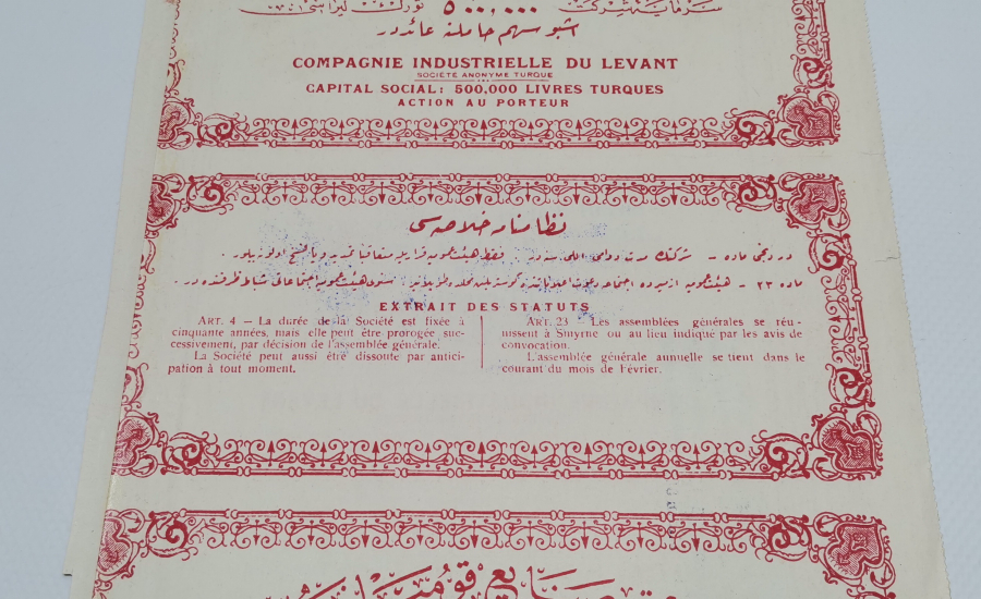 OSMANLICA HİSSE SENEDİ: İZMİR ŞARK SANAYİ KUMPANYASI TÜRK ANONİM ŞİRKETİ