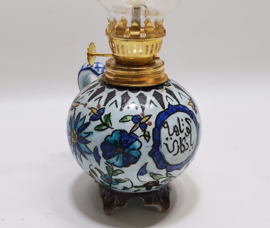 ÜZERİ OSMANLICA YAZILI KÜTAHYA İŞİ ANTİKA GAZ LAMBASI - GERDEK LAMBASI