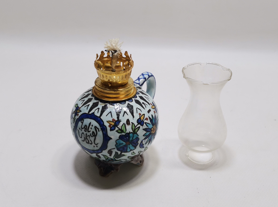 ÜZERİ OSMANLICA YAZILI KÜTAHYA İŞİ ANTİKA GAZ LAMBASI - GERDEK LAMBASI