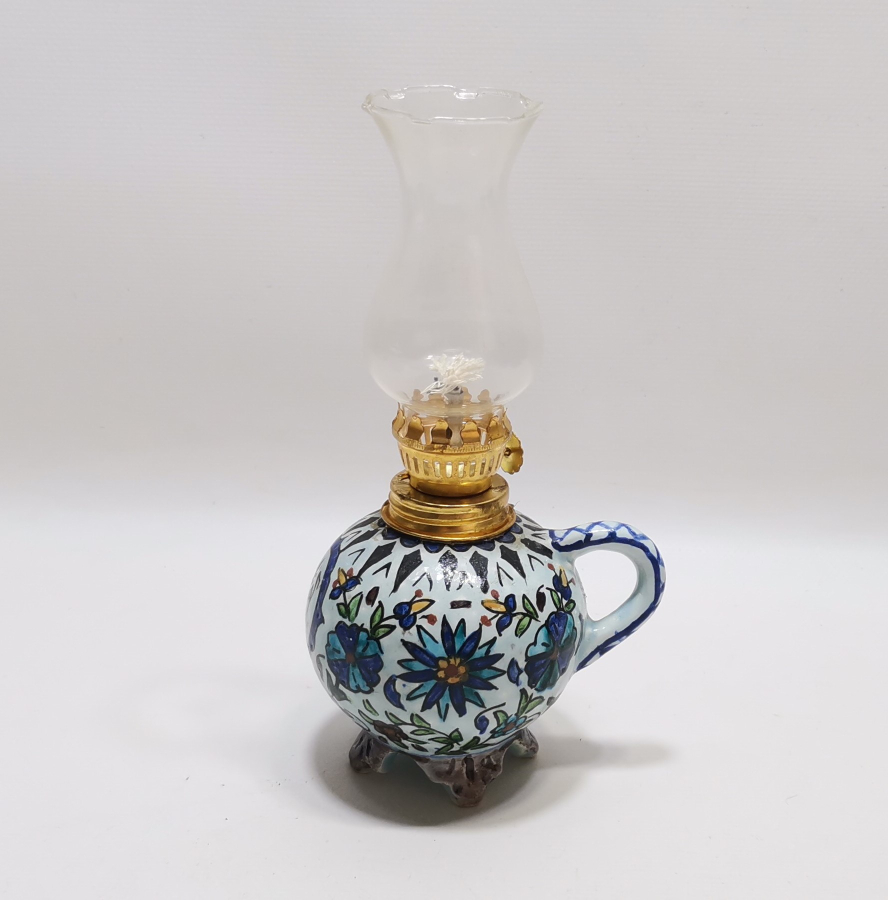 ÜZERİ OSMANLICA YAZILI KÜTAHYA İŞİ ANTİKA GAZ LAMBASI - GERDEK LAMBASI