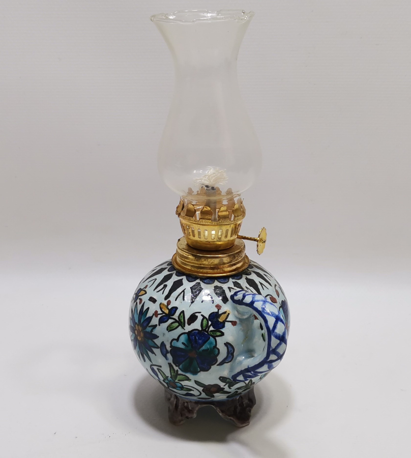 ÜZERİ OSMANLICA YAZILI KÜTAHYA İŞİ ANTİKA GAZ LAMBASI - GERDEK LAMBASI