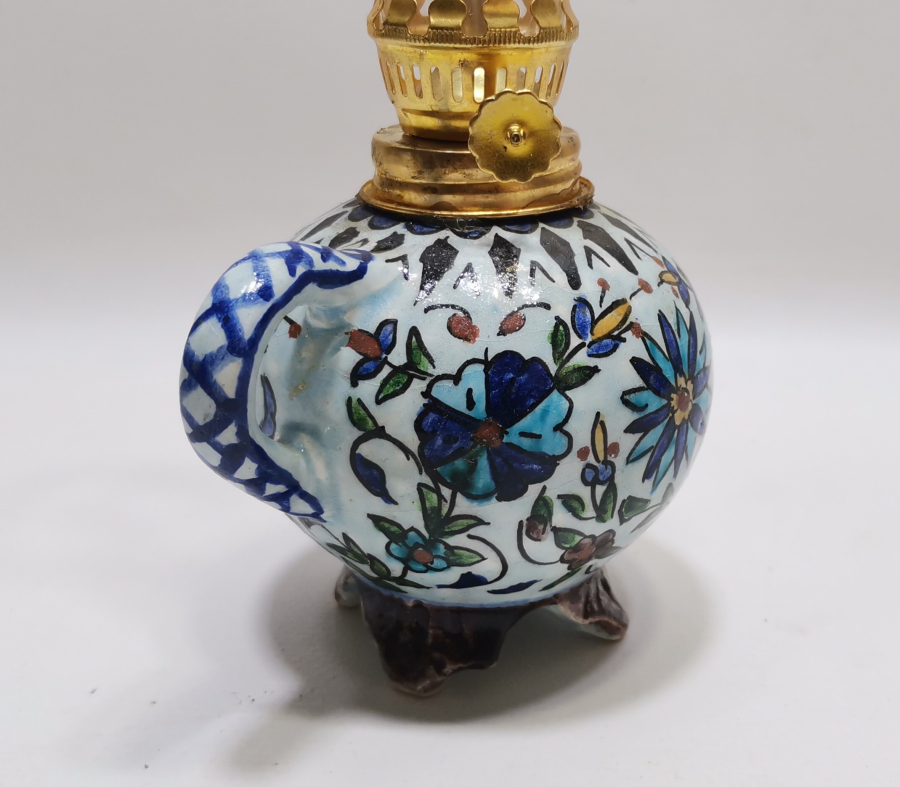 ÜZERİ OSMANLICA YAZILI KÜTAHYA İŞİ ANTİKA GAZ LAMBASI - GERDEK LAMBASI