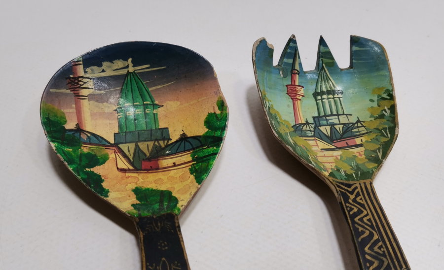 ÜZERİ OSMANLICA YAZILI KONYA İŞİ EL BOYAMA ANTİKA AHŞAP KAŞIK ÇATAL