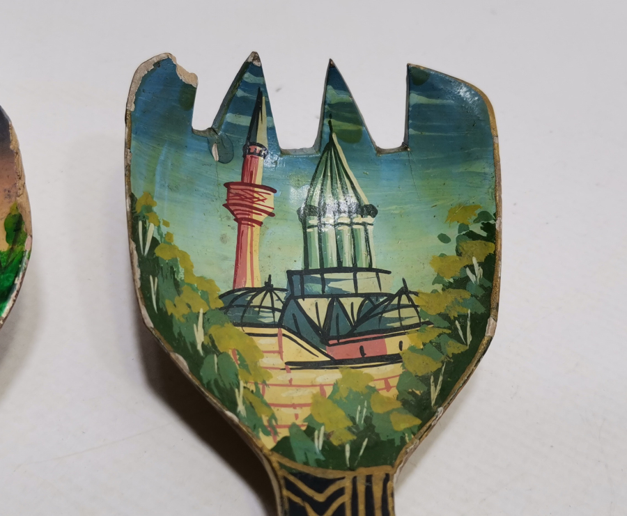 ÜZERİ OSMANLICA YAZILI KONYA İŞİ EL BOYAMA ANTİKA AHŞAP KAŞIK ÇATAL