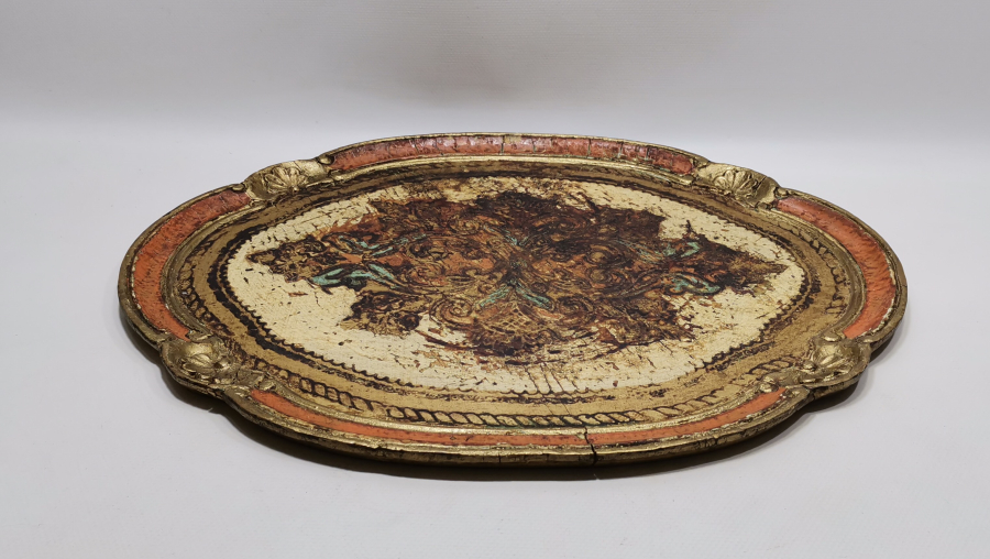 ALTIN VERMEYLİ LEVANTEN İŞİ BÜYÜK BOY ANTİKA AHŞAP KAHVE TEPSİSİ