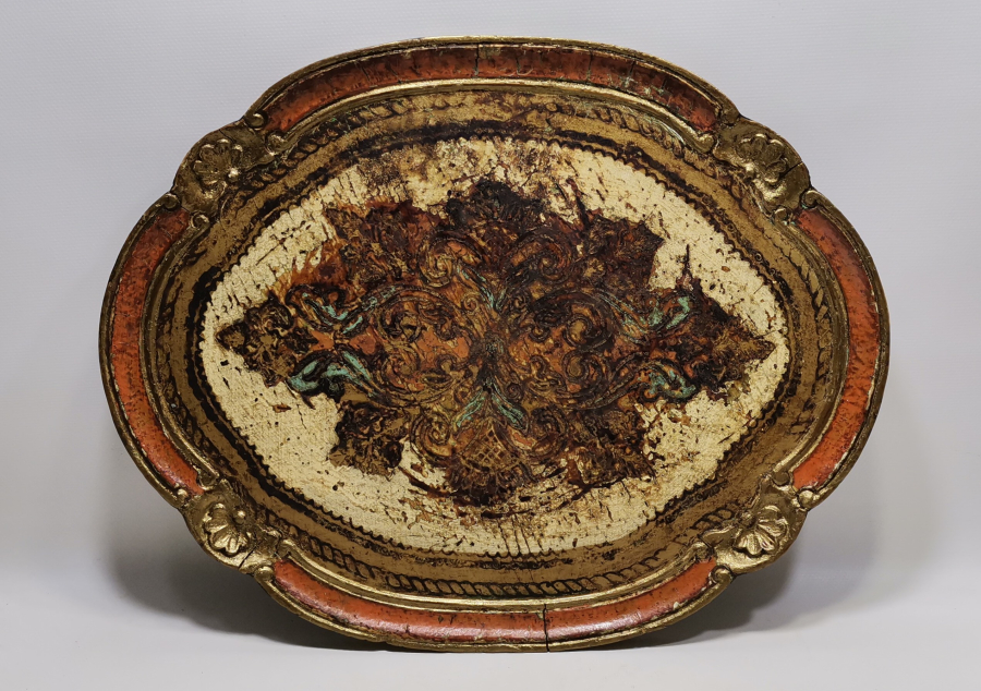 ALTIN VERMEYLİ LEVANTEN İŞİ BÜYÜK BOY ANTİKA AHŞAP KAHVE TEPSİSİ