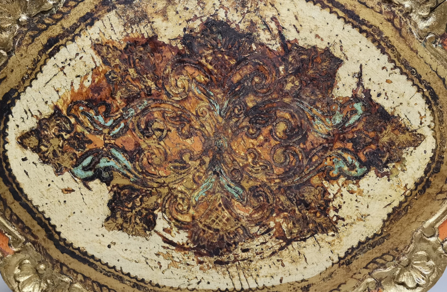 ALTIN VERMEYLİ LEVANTEN İŞİ BÜYÜK BOY ANTİKA AHŞAP KAHVE TEPSİSİ