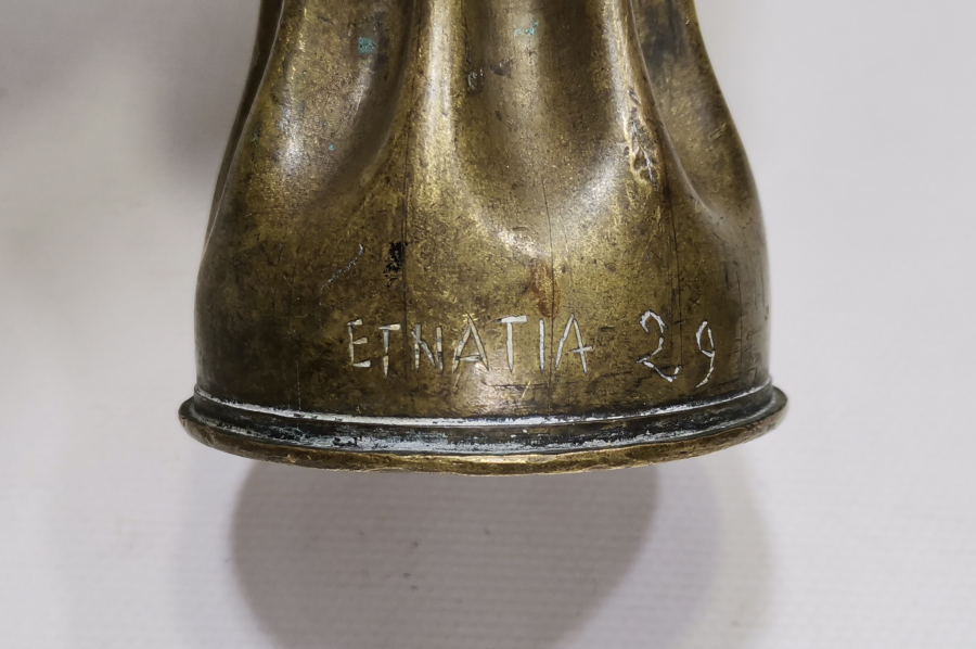 ÜZERİ RUMCA YAZILI 1921 YILI SELANİK HATIRASI NADİR ASKERİ TOP MERMİSİ  KOVANI