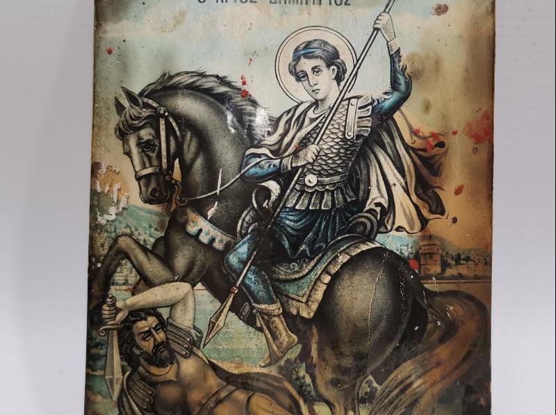 OSMANLI DÖNEMİ RUM İŞİ AZİZ DİMİTİROS TEMALI TENEKE İKONA