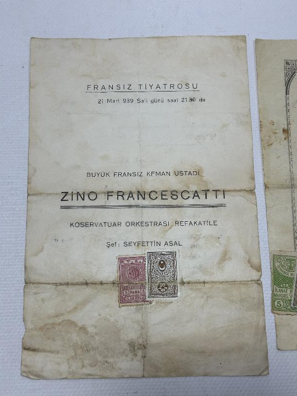 1939 TARİHLİ JACQUET THIBAUT VE ZINO FRANCESCATTI KONSER BİLETLERİ 
