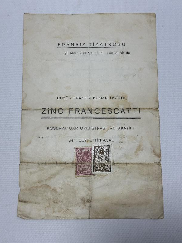1939 TARİHLİ JACQUET THIBAUT VE ZINO FRANCESCATTI KONSER BİLETLERİ 