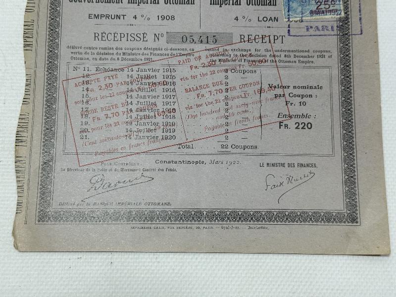 ÇOK NADİR OSMANLI DELETİ BORÇLANMA HİSSE SENEDİ