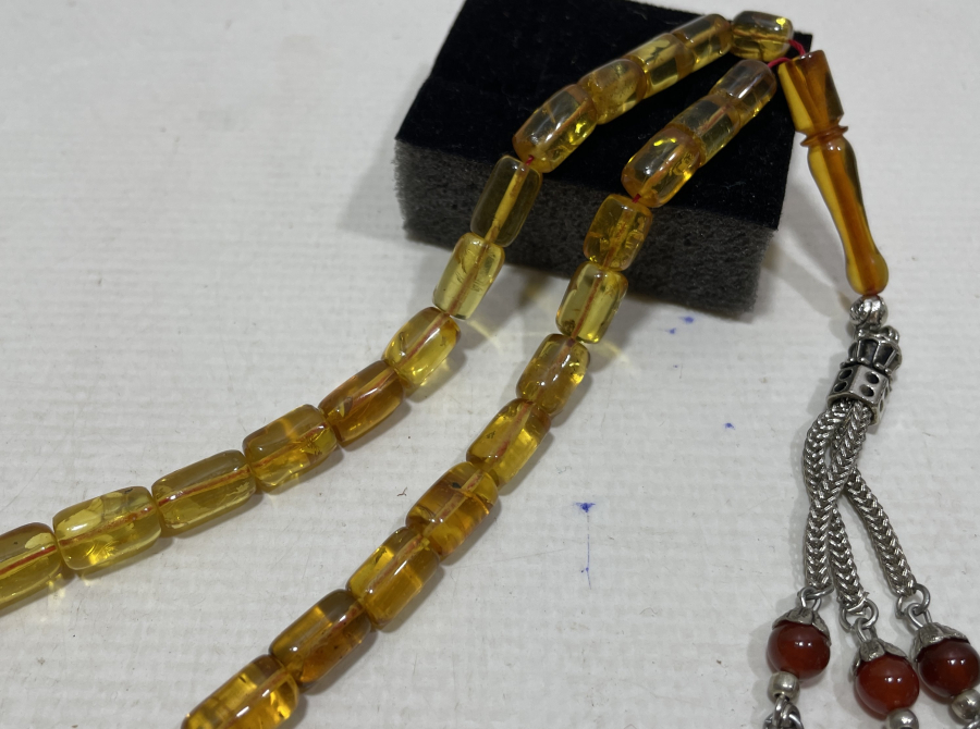 ÖZEL YAPIM İÇİ FOSİLLİ DAMLA KEHRİBAR TESPİH