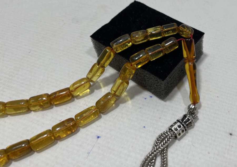 ÖZEL YAPIM İÇİ FOSİLLİ DAMLA KEHRİBAR TESPİH