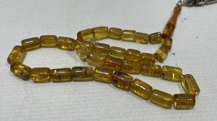 ÖZEL YAPIM İÇİ FOSİLLİ DAMLA KEHRİBAR TESPİH