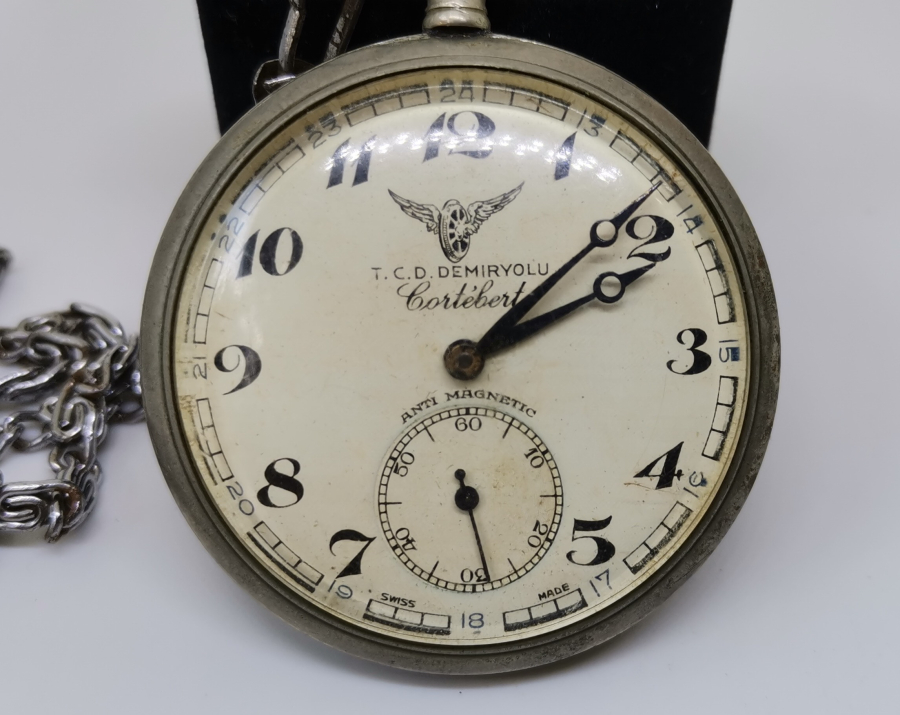 TCDD İÇİN ÖZEL YAPILMIŞ KURMALI ANTİKA CORTEBERT CEP SAATİ