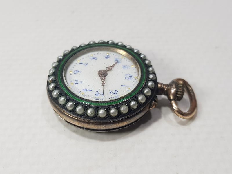 ANTİKA GÜMÜŞ KASA ÜZERİ ALTIN ÇAKMA, İNCİLİ VE MİNELİ ÇOK NADİR ZENNE CEP SAATİ 