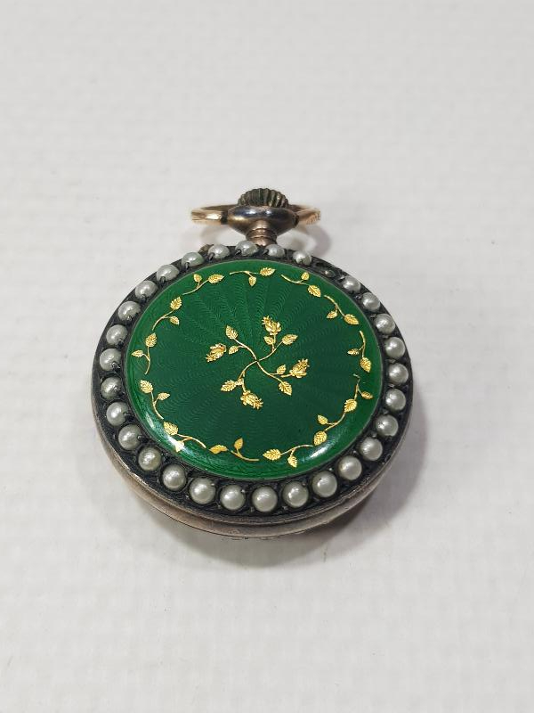 ANTİKA GÜMÜŞ KASA ÜZERİ ALTIN ÇAKMA, İNCİLİ VE MİNELİ ÇOK NADİR ZENNE CEP SAATİ 