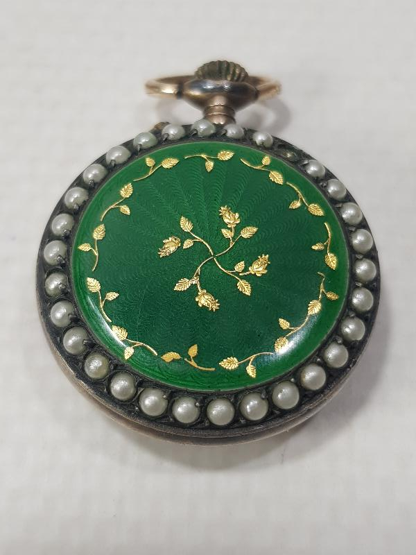 ANTİKA GÜMÜŞ KASA ÜZERİ ALTIN ÇAKMA, İNCİLİ VE MİNELİ ÇOK NADİR ZENNE CEP SAATİ 