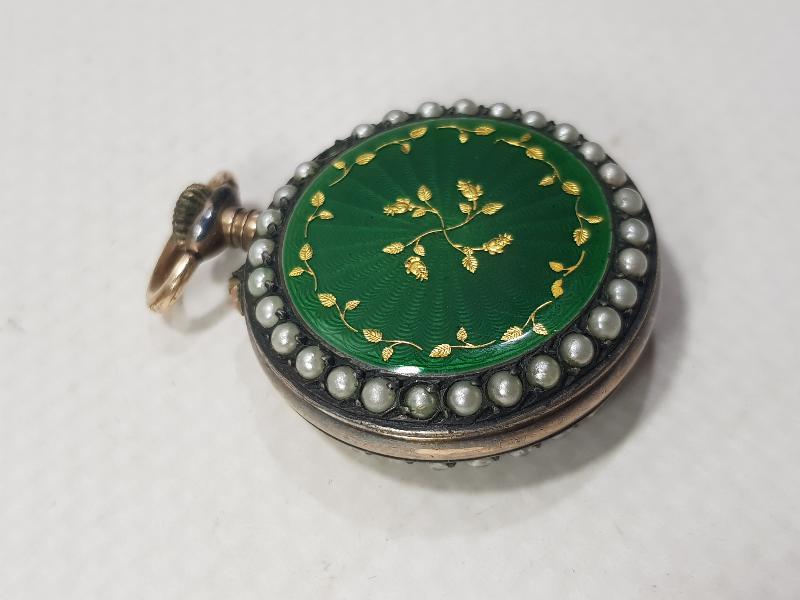 ANTİKA GÜMÜŞ KASA ÜZERİ ALTIN ÇAKMA, İNCİLİ VE MİNELİ ÇOK NADİR ZENNE CEP SAATİ 