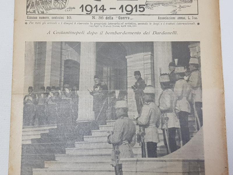 1. DÜNYA SAVAŞI 15 NİSAN 1915 TARİHLİ AVRUPA SAVAŞI DERGİSİ: ÇANAKKALE BOMBARDIMANI SONRASI SARAYDA SULTAN MEHMET REŞAD, ENVER PAŞA VE KOMUTANLAR DUA EDERKEN