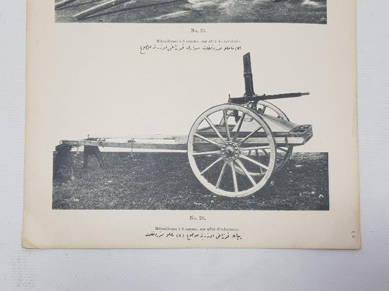 1. DÜNYA SAVAŞI SİLAHLARI KONULU OSMANLICA VE FRANSIZCA YAZILI GRAVÜR