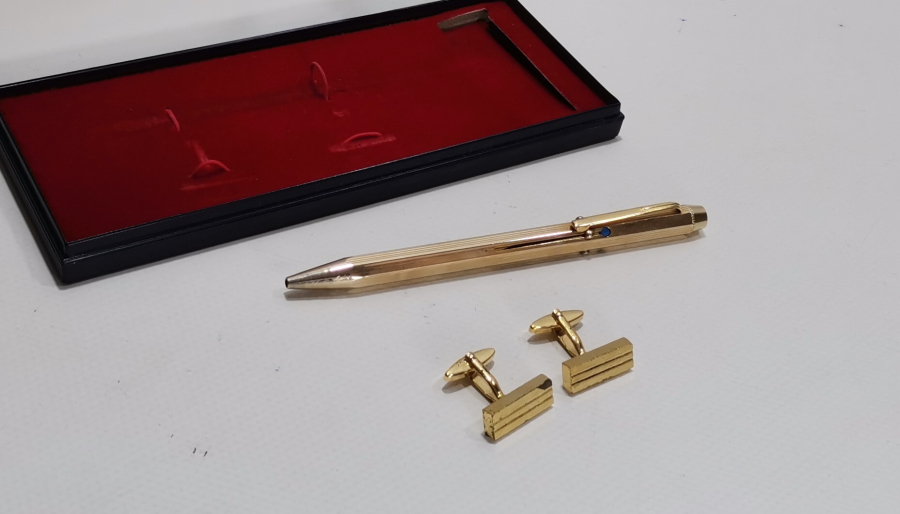 ORJİNAL KUTUSUNDA ALTIN KAPLAMA KALEM VE KOL DÜĞMESİ TAKIMI