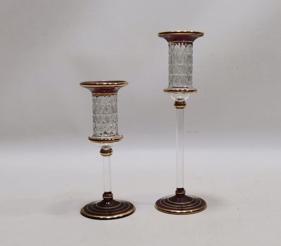 ALTIN VARAKLI VE KRİSTAL KESME İŞÇİLİKLİ ANTİKA ÇİFT MUMLUK