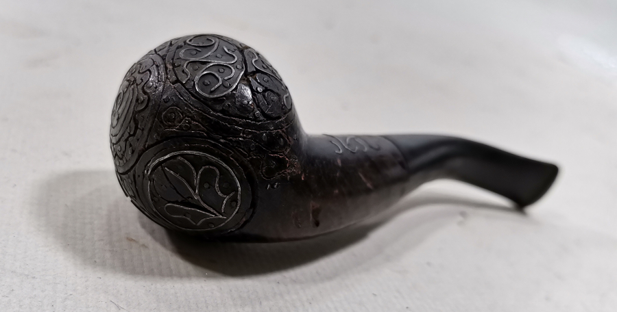 OSMANLI DÖNEM GÜMÜŞ ÇAKMA İŞÇİLİKLİ VE OSMANLICA YAZILI AFYON YAPIMI PİPO