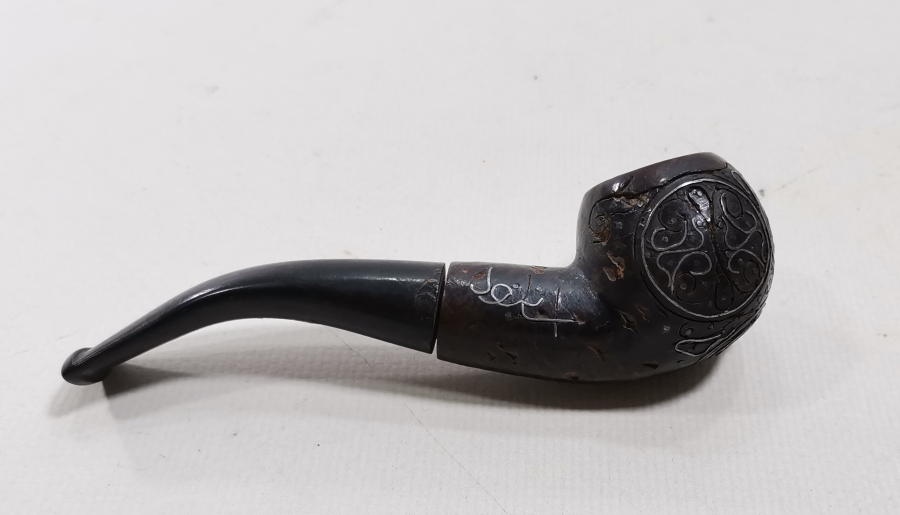 OSMANLI DÖNEM GÜMÜŞ ÇAKMA İŞÇİLİKLİ VE OSMANLICA YAZILI AFYON YAPIMI PİPO