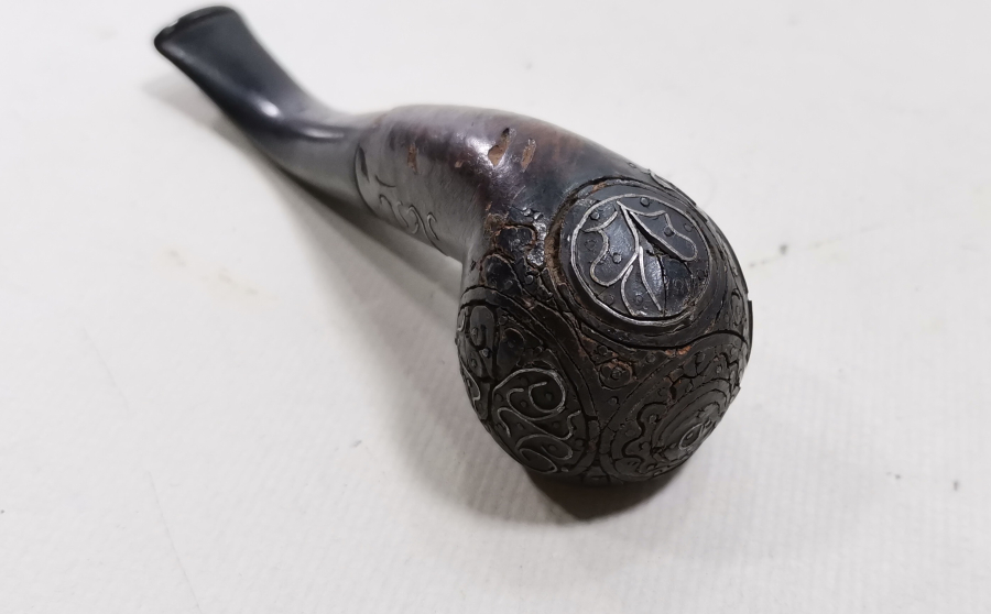 OSMANLI DÖNEM GÜMÜŞ ÇAKMA İŞÇİLİKLİ VE OSMANLICA YAZILI AFYON YAPIMI PİPO