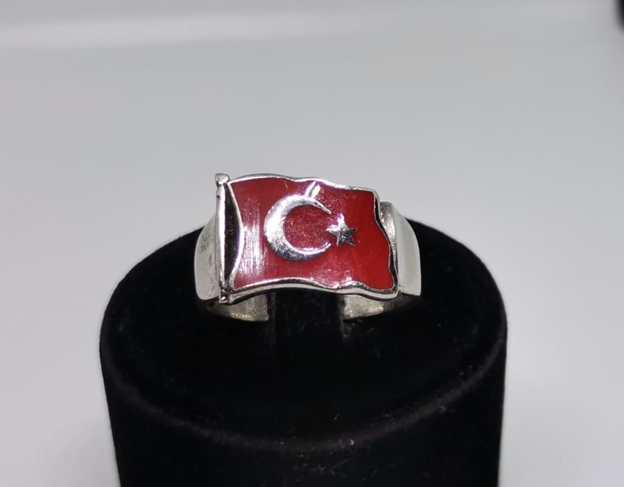 ÜZERİ AY YILDIZLI MİNELİ GÜMÜŞ YÜZÜK