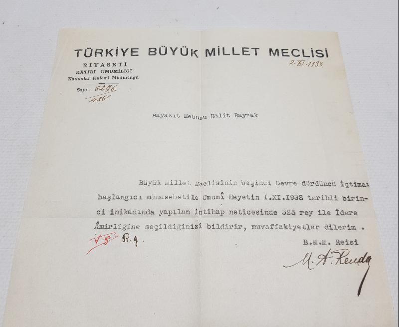 1938'DE TBMM REİSİ ABDÜLHALİK RENDA TARAFINDAN İMZALANMIŞ TBMM ANTETLİ RESMİ MEKTUP