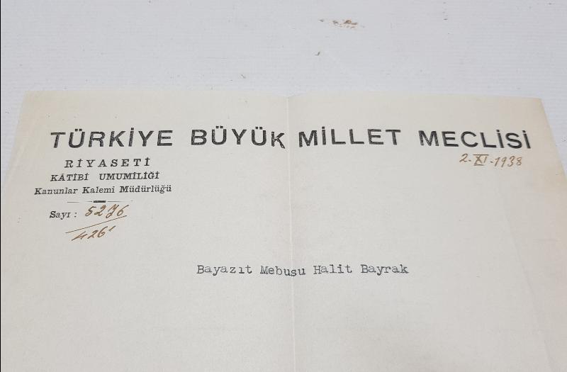 1938'DE TBMM REİSİ ABDÜLHALİK RENDA TARAFINDAN İMZALANMIŞ TBMM ANTETLİ RESMİ MEKTUP