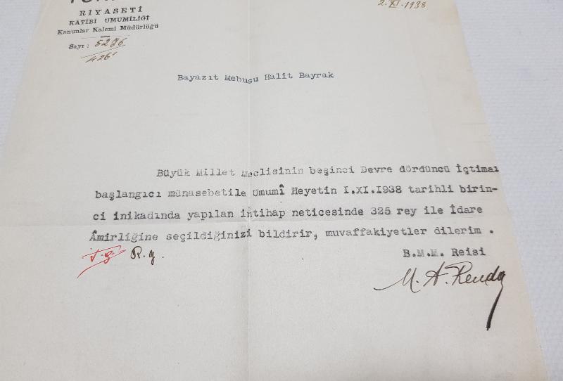 1938'DE TBMM REİSİ ABDÜLHALİK RENDA TARAFINDAN İMZALANMIŞ TBMM ANTETLİ RESMİ MEKTUP