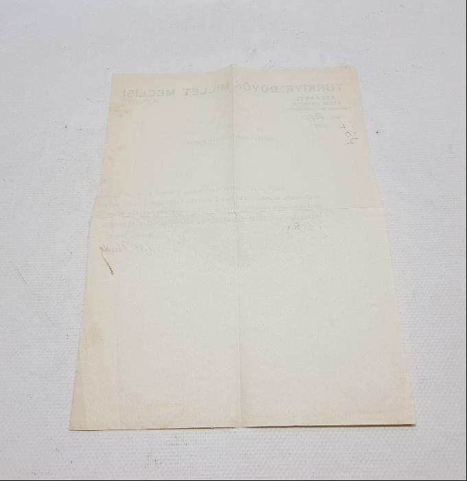 1938'DE TBMM REİSİ ABDÜLHALİK RENDA TARAFINDAN İMZALANMIŞ TBMM ANTETLİ RESMİ MEKTUP