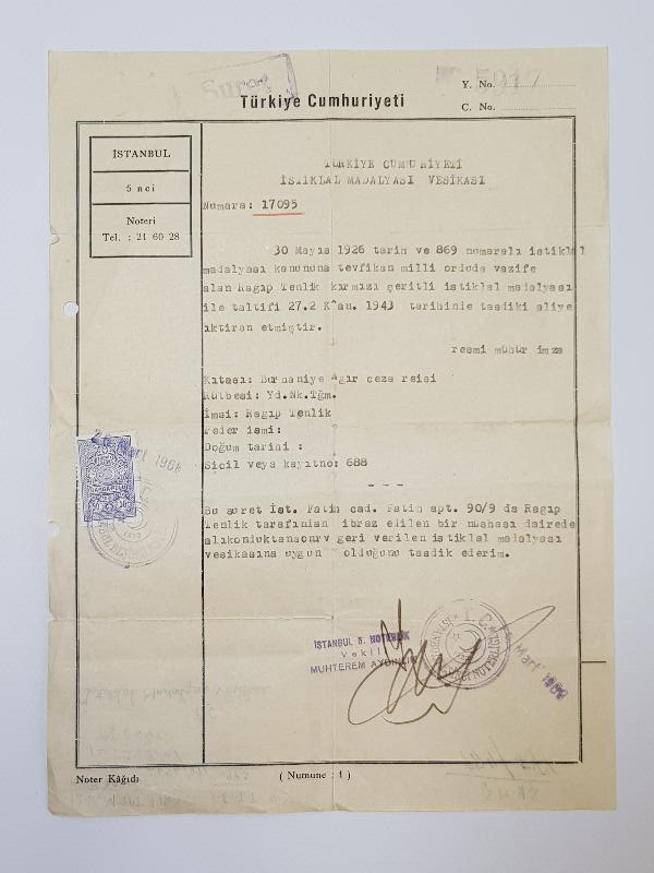 İSTİKLAL MADALYASI VESİKASI SURETİ