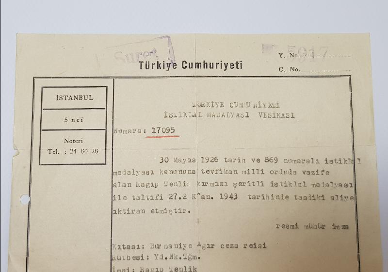 İSTİKLAL MADALYASI VESİKASI SURETİ