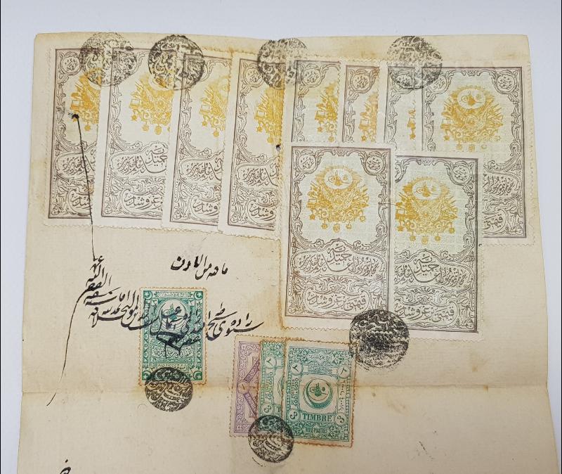 OSMANLI DÖNEMİ FİSKAL PULLARLA DOLU ÇOK NADİR EL YAZMA HÜCCET