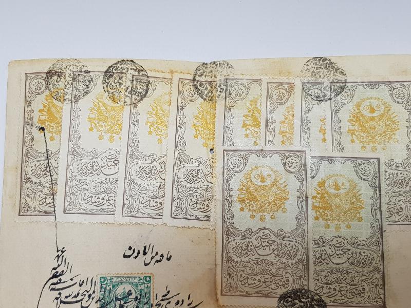 OSMANLI DÖNEMİ FİSKAL PULLARLA DOLU ÇOK NADİR EL YAZMA HÜCCET