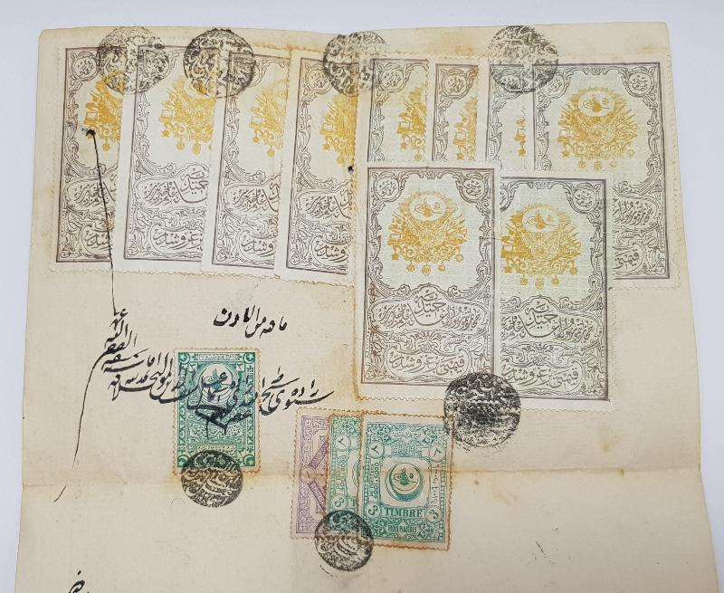 OSMANLI DÖNEMİ FİSKAL PULLARLA DOLU ÇOK NADİR EL YAZMA HÜCCET