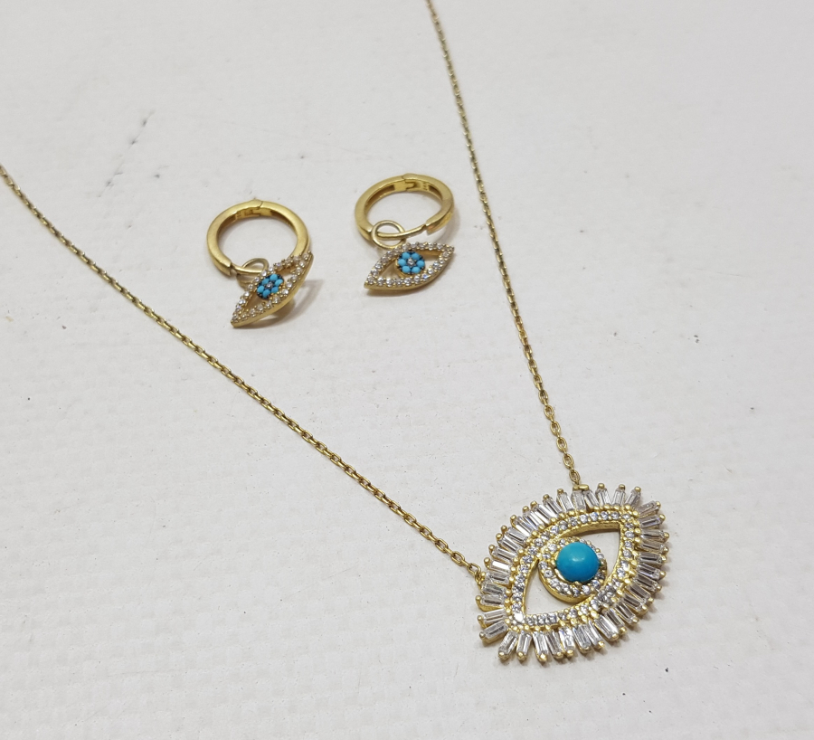 NAZARA KARŞI YAPILMIŞ ÖZEL YAPIM GÜMÜŞ KOLYE TAKIMI