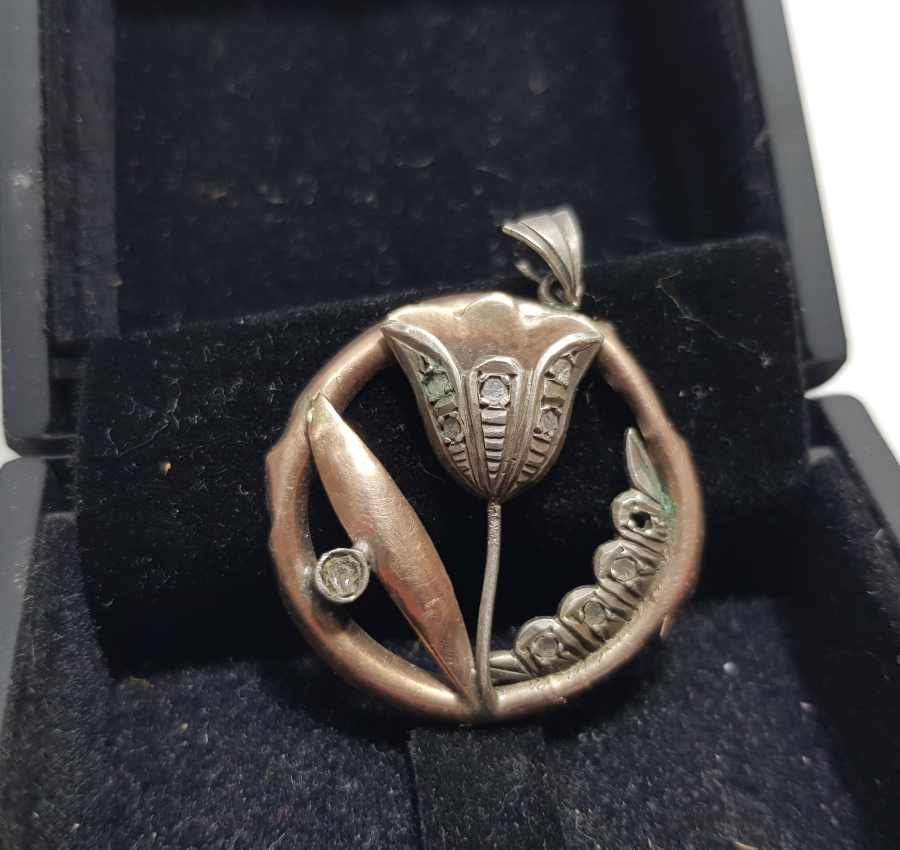 OSMANLI DÖNEMİ ELMAS TAŞLI GÜMÜŞ LALE FORMLU KOLYE