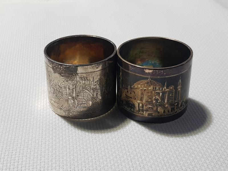 OSMANLI DÖNEMİ BİR ÇİFT AYASOFYA CAMİİ RESİMLİ NADİR GÜMÜŞ PEÇETELİK