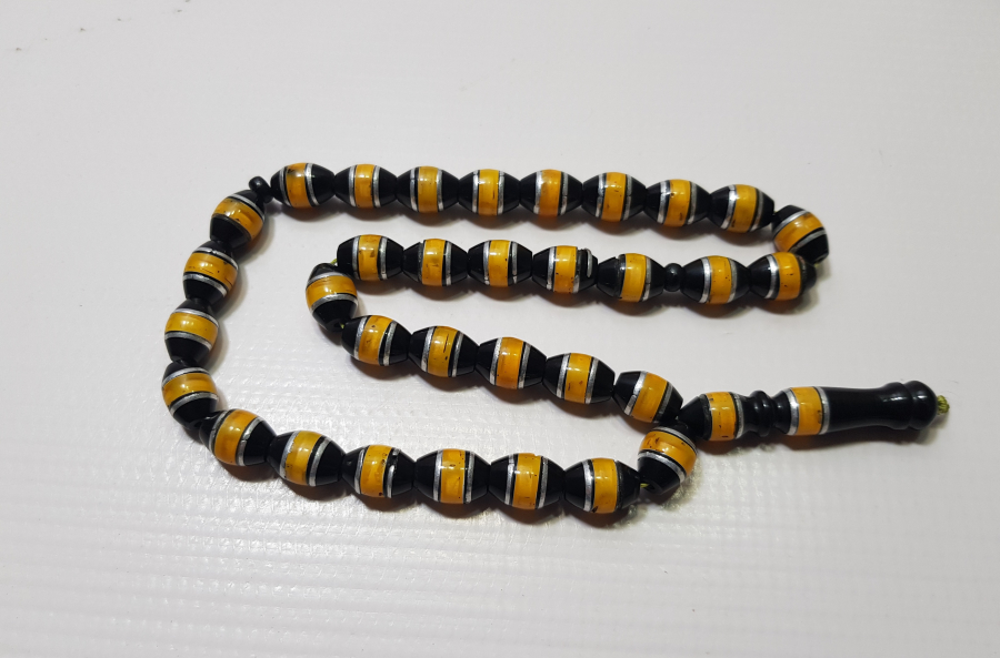 OLTU TAŞI ÜZERİ KEHRİBAR VE GÜMÜŞ ÇAKMA TESPİH