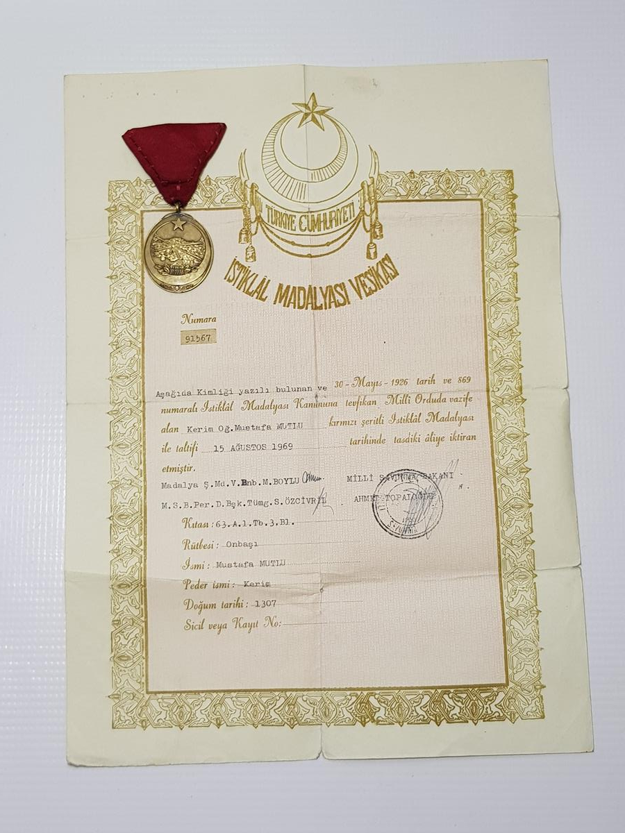 İSTİKLAL MADALYASI VE BERATI